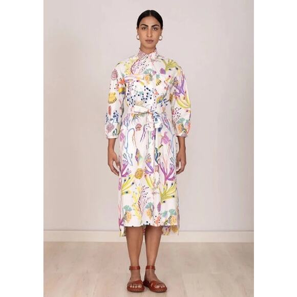Banjanan Gemma Belted Midi Dress White Marine Mirage BSU24DC1469 Small S NEW NWT - Picture 1 of 6